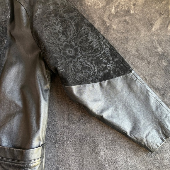 Vintage Leather Suede Coat Women's Duster Jacket Long Black Floral Pattern - Picture 9 of 14